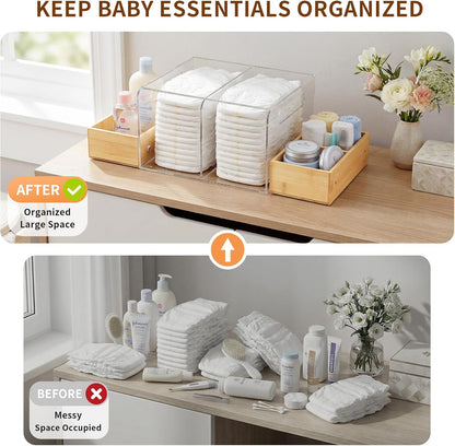 Acrylic Diaper Caddy, Changing Table Organizer with Handle & 3 Wooden Compartments, Storage for Wipe Dispenser, Baby Organizers and Storage, Perfect for Diapers Wipes Creams, Clear