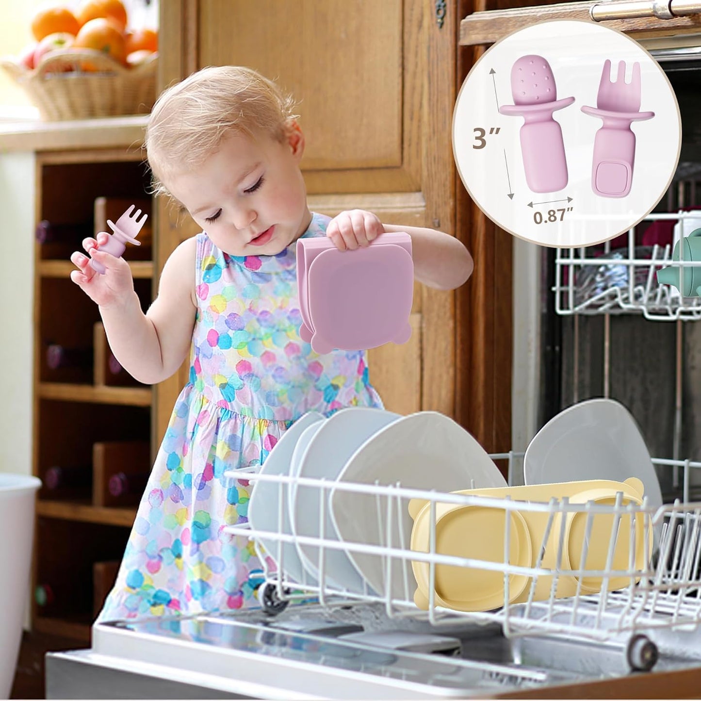 Baby Plates with Suction with Forks and Spoons, Foldable Silicone Toddler Plates, Baby Travel Essential, Microwave & Dishwasher Safe, Purple