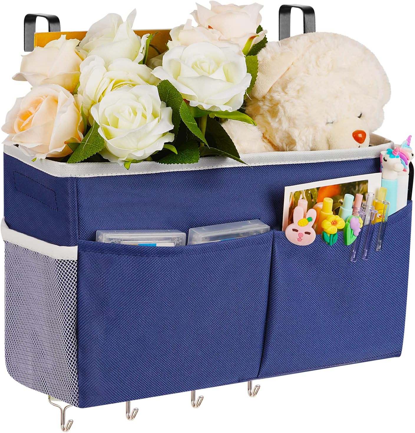 Bedside Storage Organizer 5 Pockets with 4 Hooks Hanging Storage Bag for Headboards/Bunk Bed (Pink)