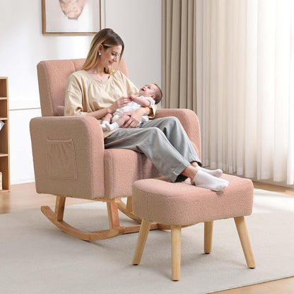 HCHAIRH Nursery Rocking Chair with Ottoman, Upholstered Glider Rocker with High Backrest Side Pocket, Rocking Accent Armchair with Solid Wood Legs for Nursery, Living Room, Bedroom, Light Grey