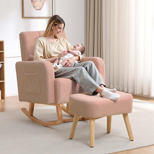 HCHAIRH Nursery Rocking Chair with Ottoman, Upholstered Glider Rocker with High Backrest Side Pocket, Rocking Accent Armchair with Solid Wood Legs for Nursery, Living Room, Bedroom, Light Grey