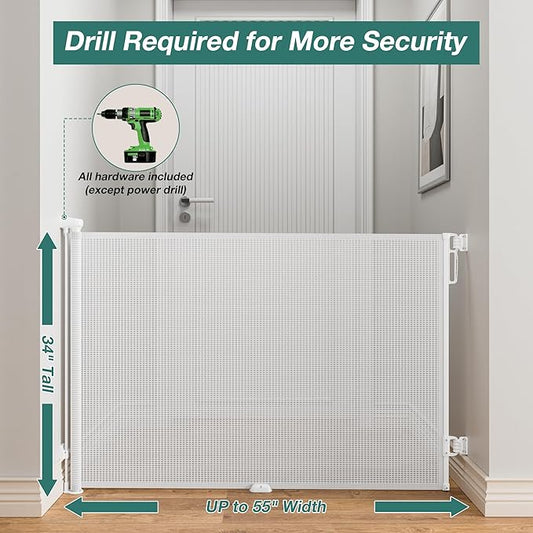 Babepai Retractable Baby Gates Extra Wide | 55" Wide x 34" Tall Dog Gates for Stairs | Indoor/Outdoor Use | Child Gates for Doorways, Deck, Porch, Hallways, Patio - White
