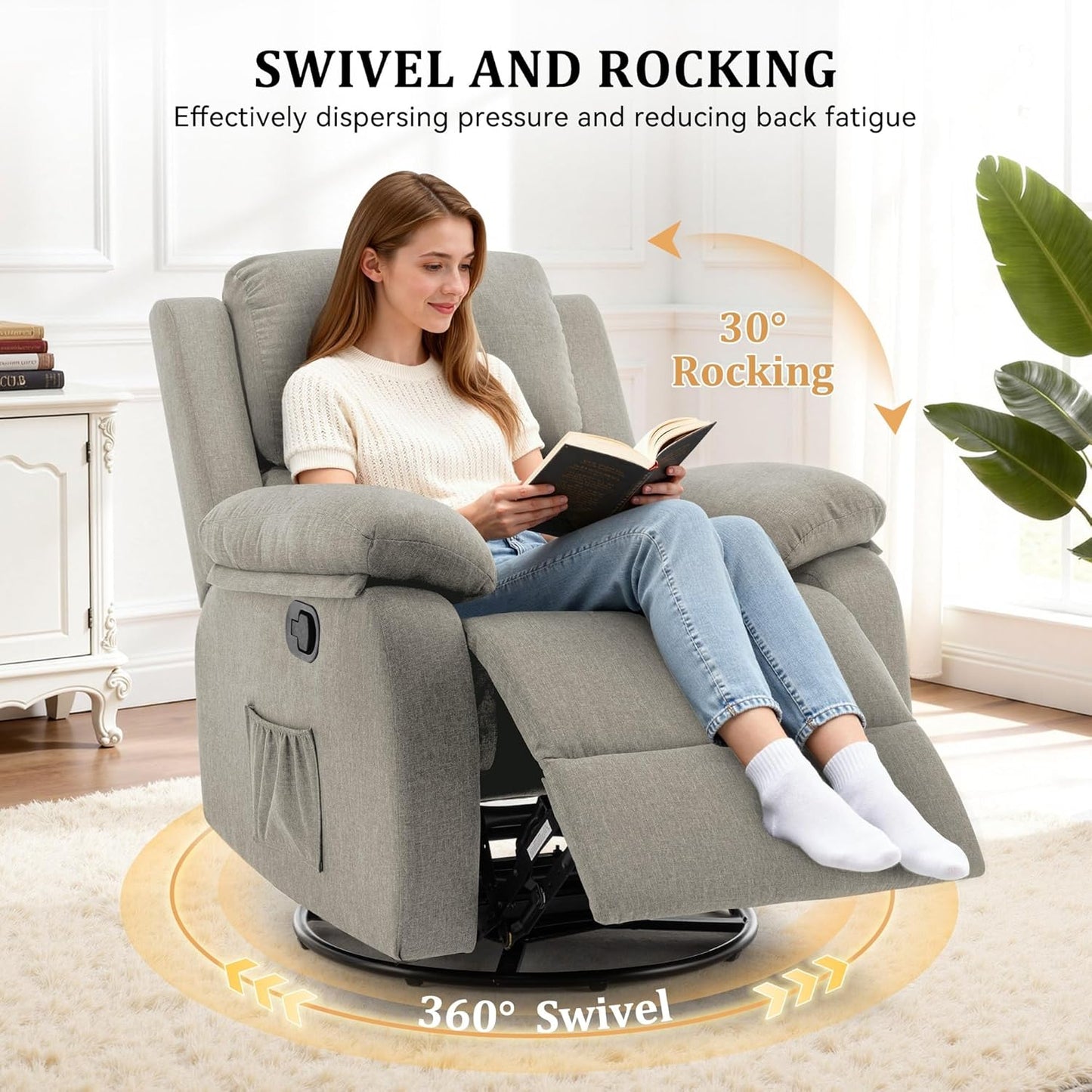 Korser Recliner Chair, 360 Swivel Rocker Chair for Adults, Small Rocking Recliner for Small Spaces, Upholstered Fabric Glider Recliner Nursery
