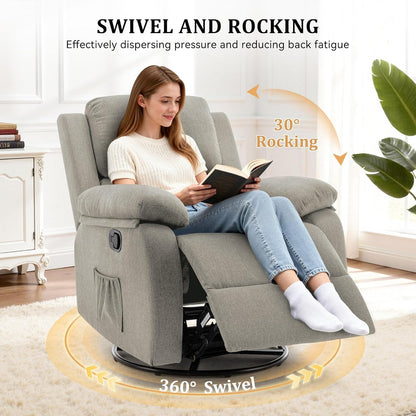 Korser Recliner Chair, 360 Swivel Rocker Chair for Adults, Small Rocking Recliner for Small Spaces, Upholstered Fabric Glider Recliner Nursery