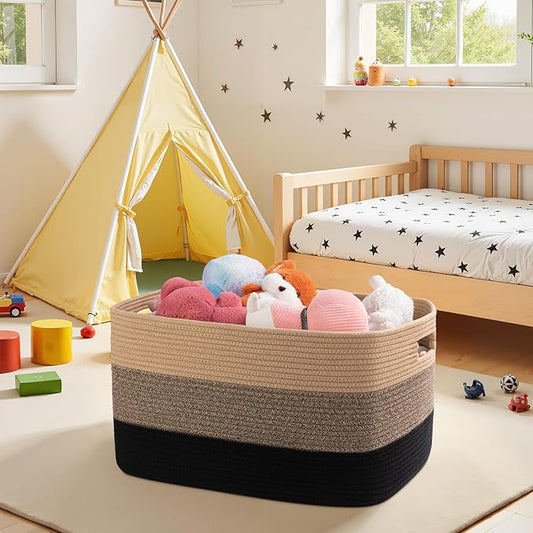 OIAHOMY Large Blanket Basket, 22”x17”x12” Rectangle Woven Baskets, Nursery Blanket Storage Living Room, Toy Storage With Handle, Large Baskets for Organizing-Yellow Black