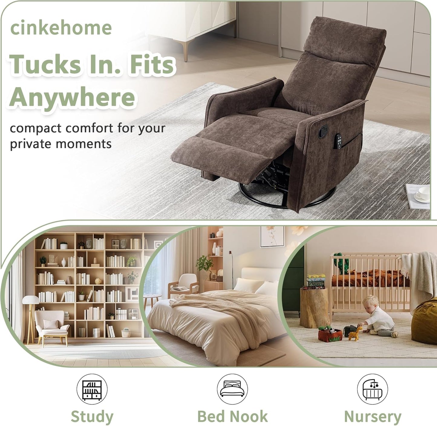 cinkehome Swivel Rocker Recliner, Glider Rocker Recliner Chair for Nursery, Manual Reclining Chair with Heated Massage, Small Spaces, Living Room, Khaki Chenille