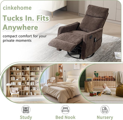 cinkehome Swivel Rocker Recliner, Glider Rocker Recliner Chair for Nursery, Manual Reclining Chair with Heated Massage, Small Spaces, Living Room, Khaki Chenille