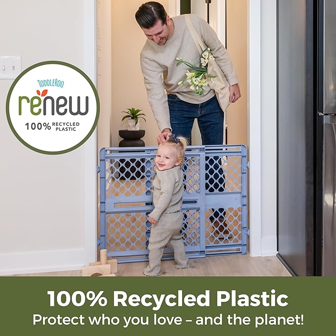 Toddleroo by North States - Renew 100% Recycled Plastic Baby Gate for Doorway; Sturdy for Indoor & Outdoor Use: Pressure Mounted, No Drill Gate; Made in USA; 26" to 42" Wide, 26" Tall Slate Blue