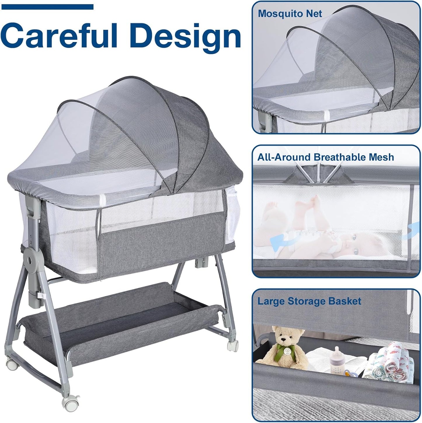 Jixrolyn 3 in 1 Baby Bassinet Bedside Sleeper, Height Adjustable Bedside Bassinet for Newborn and Infant with Mattress, Storage Basket, and Wheels (Grey)