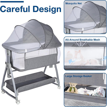 Jixrolyn 3 in 1 Baby Bassinet Bedside Sleeper, Height Adjustable Bedside Bassinet for Newborn and Infant with Mattress, Storage Basket, and Wheels (Grey)