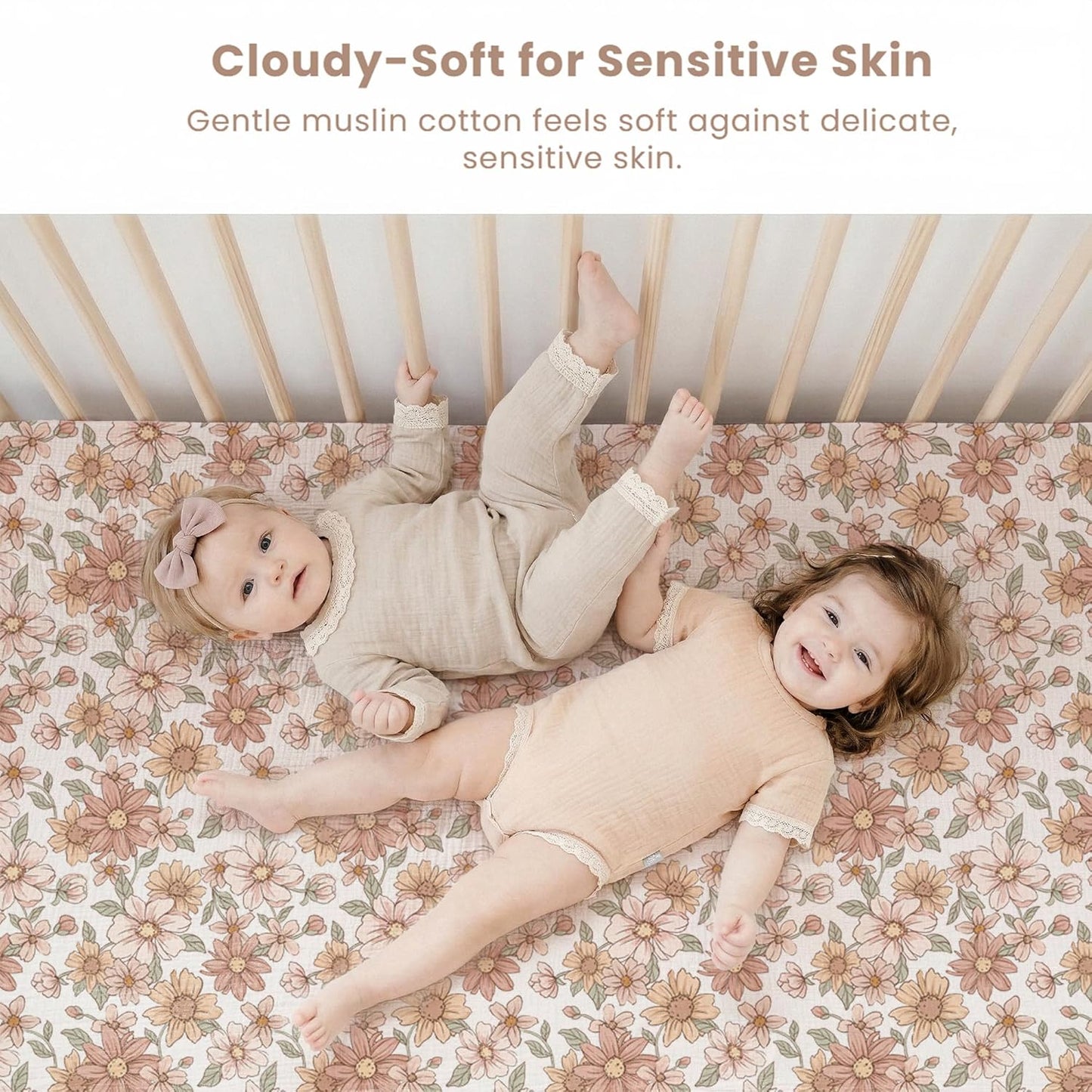 Konssy Muslin Mini Crib Sheets, 100% Soft Cotton Pack and Play Sheets for Pack N Play Mattress, Playard Baby Crib Sheets for Baby Girls (Floral, Pink)