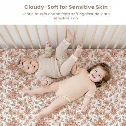 Konssy Muslin Mini Crib Sheets, 100% Soft Cotton Pack and Play Sheets for Pack N Play Mattress, Playard Baby Crib Sheets for Baby Girls (Floral, Pink)