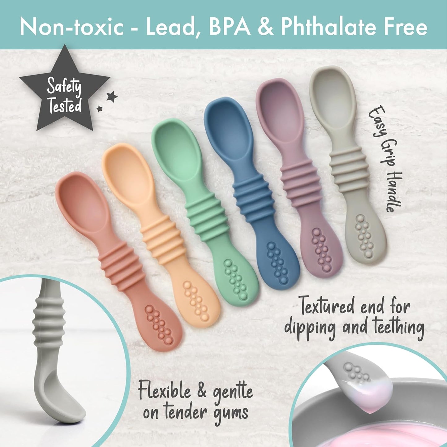 PrimaStella Silicone Chew Spoon Set for Babies and Toddlers | Safety Tested | BPA Free | Baby Spoon 6 Pack (Blue/Green)