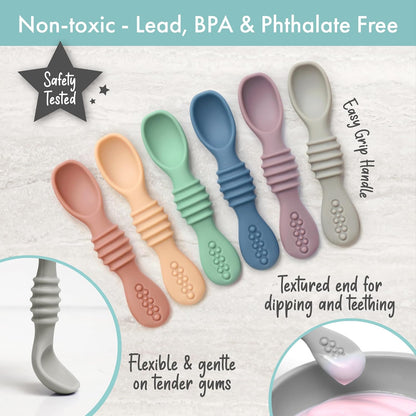 PrimaStella Silicone Chew Spoon Set for Babies and Toddlers | Safety Tested | BPA Free | Baby Spoon 6 Pack (Blue/Green)