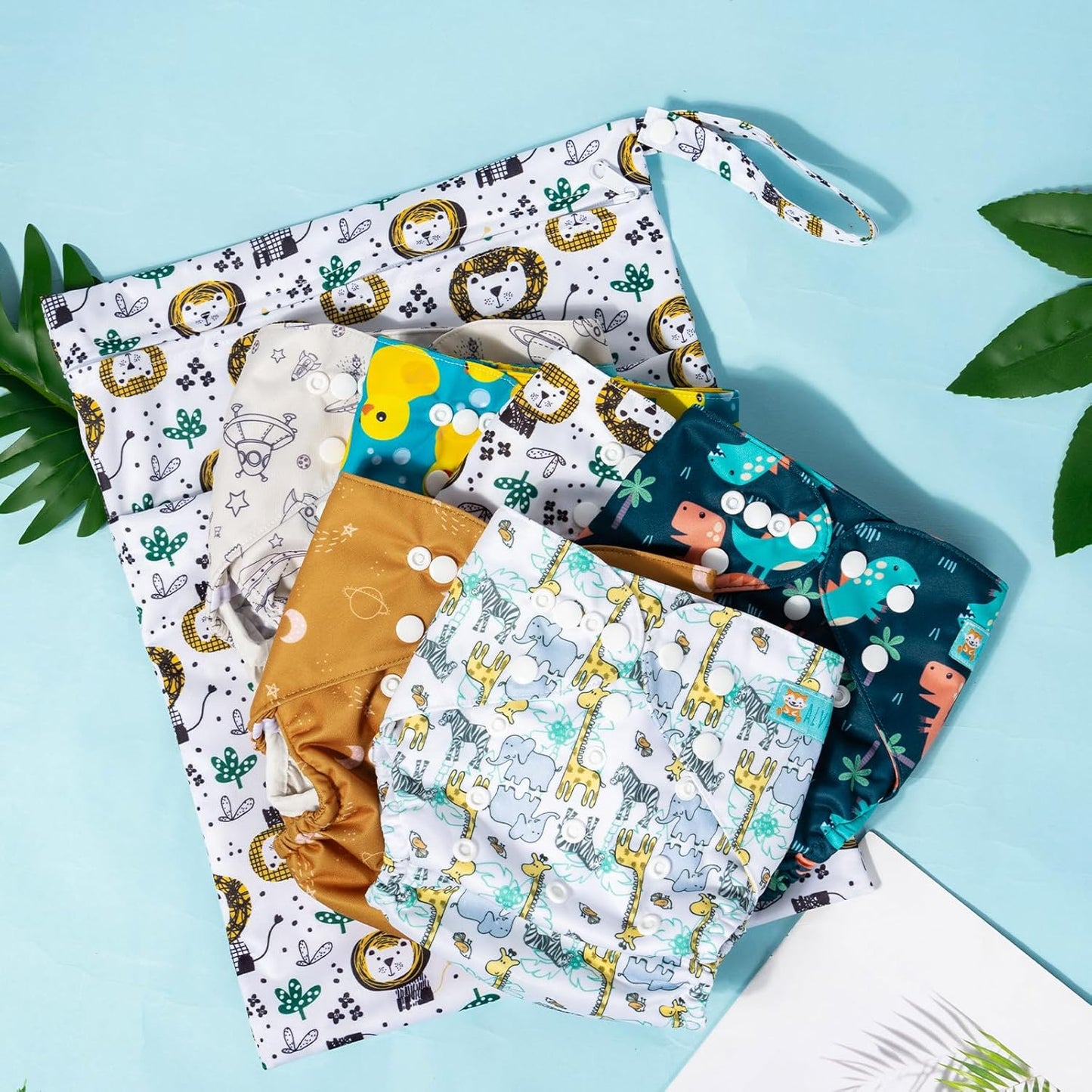 ALVABABY 6pcs Cloth Diaper Covers &1 Wet Dry Bag, Washable Reusable Cloth Nappy Shell for Prefold with Multi-Functional Bag, Flat or Fitted Diaper Inserts 6NKZ06
