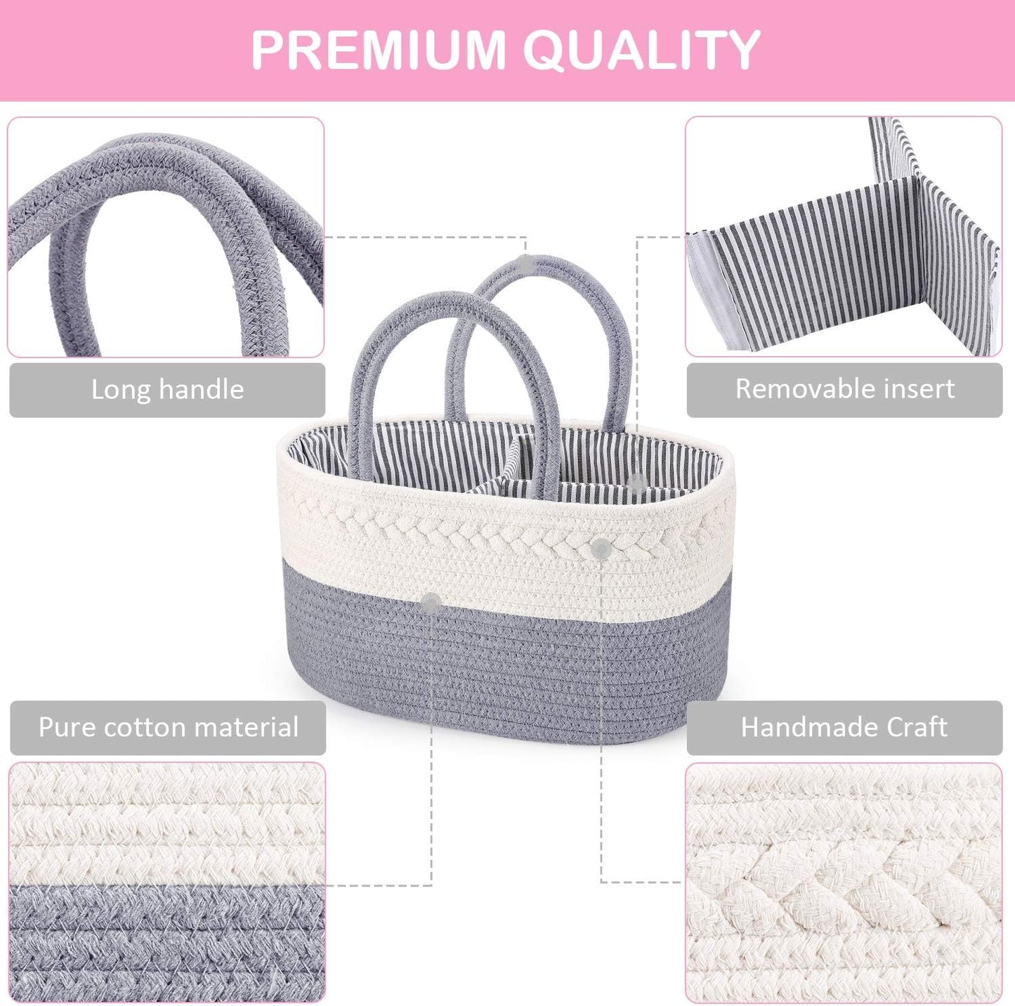 ABenkle Baby Diaper Caddy, Nursery Storage Bin and Car Organizer for Diapers and Baby Wipes, Cotton Rope Diaper Basket Caddy, Changing Table Diaper Storage Caddy