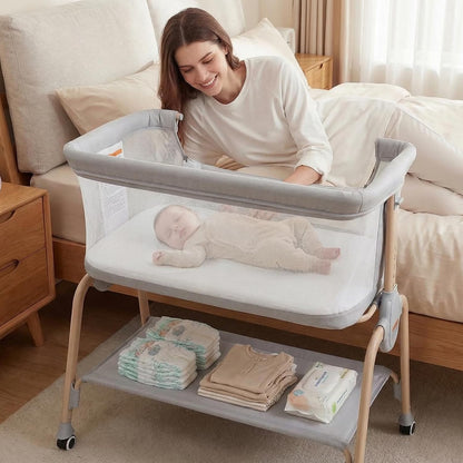 Cowiewie Bassinet Bedside Sleeper, Breathable Baby Bedside Bassinet and Mattress, Lightweight and Portable for Bedside Sleeping, Light Grey
