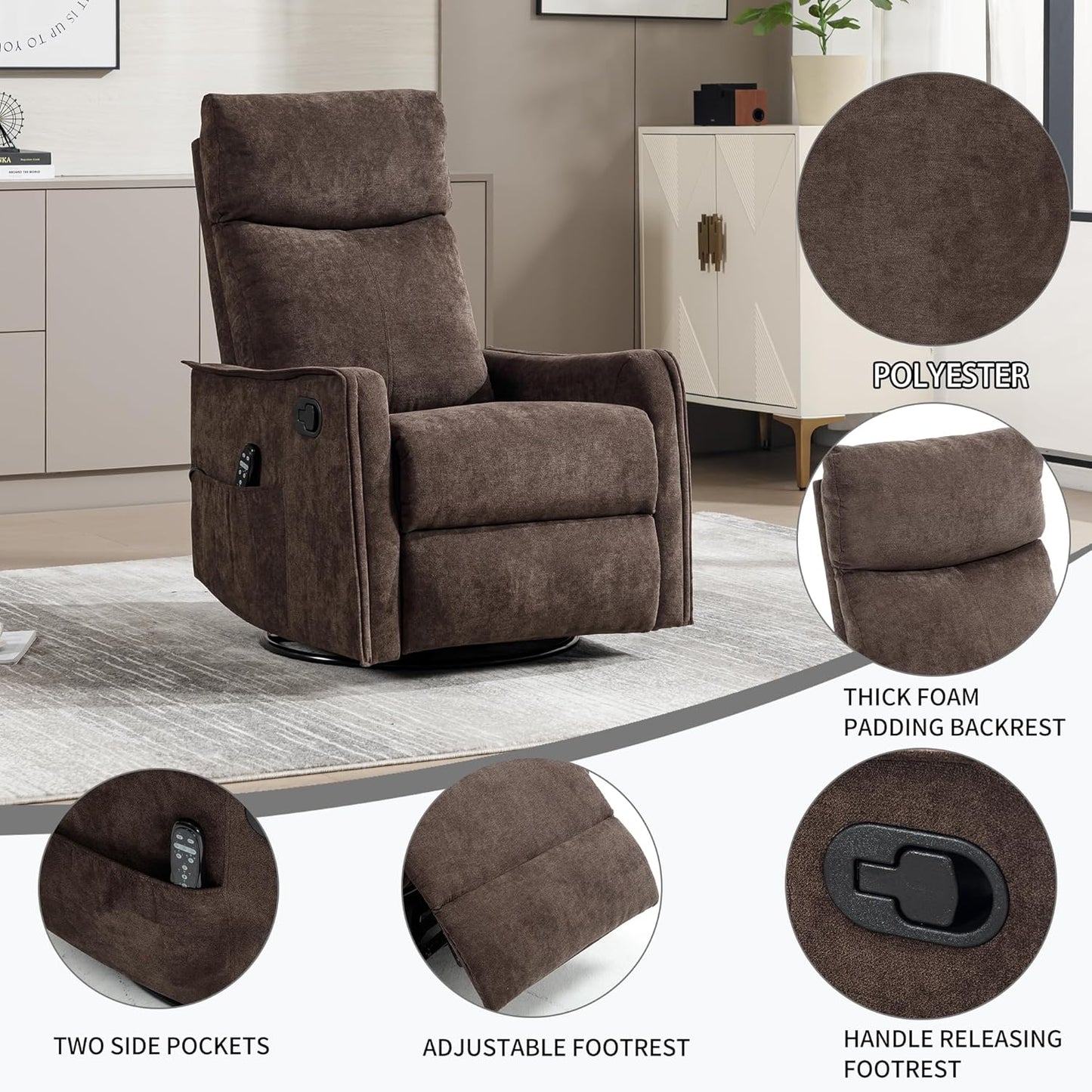 Swivel Rocker Recliner Chair for Adults, Nursery Rocking Chair with Heat and Massage, Glider Reclining Chair for Small Space Living Room Bedroom, Faux Leather Black