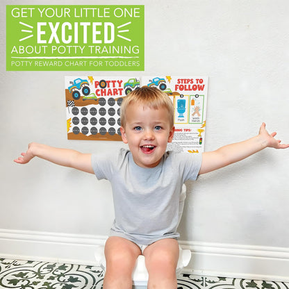 Hadley Designs Potty Training Chart for Toddlers Boys -10 Sticker Potty Chart for Toddlers Boys, 8.5x11" Potty Training Sticker Charts for Toilet Success, Monster Truck Toddler Reward Chart for Kids