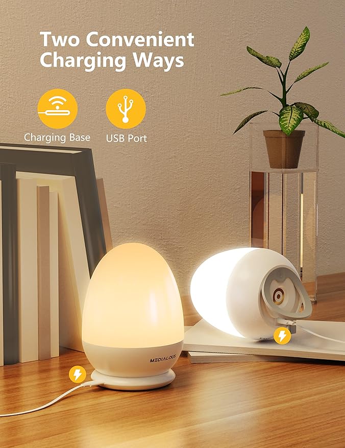 MediAcous Night Lights for Kids Room, Egg Light for Nursery with Stable Charging Pad, Dimmable Baby Night Light with 1H Timer & Touch Control, ABS+PC LED Egg Night Light for Breastfeeding, Up to 200H