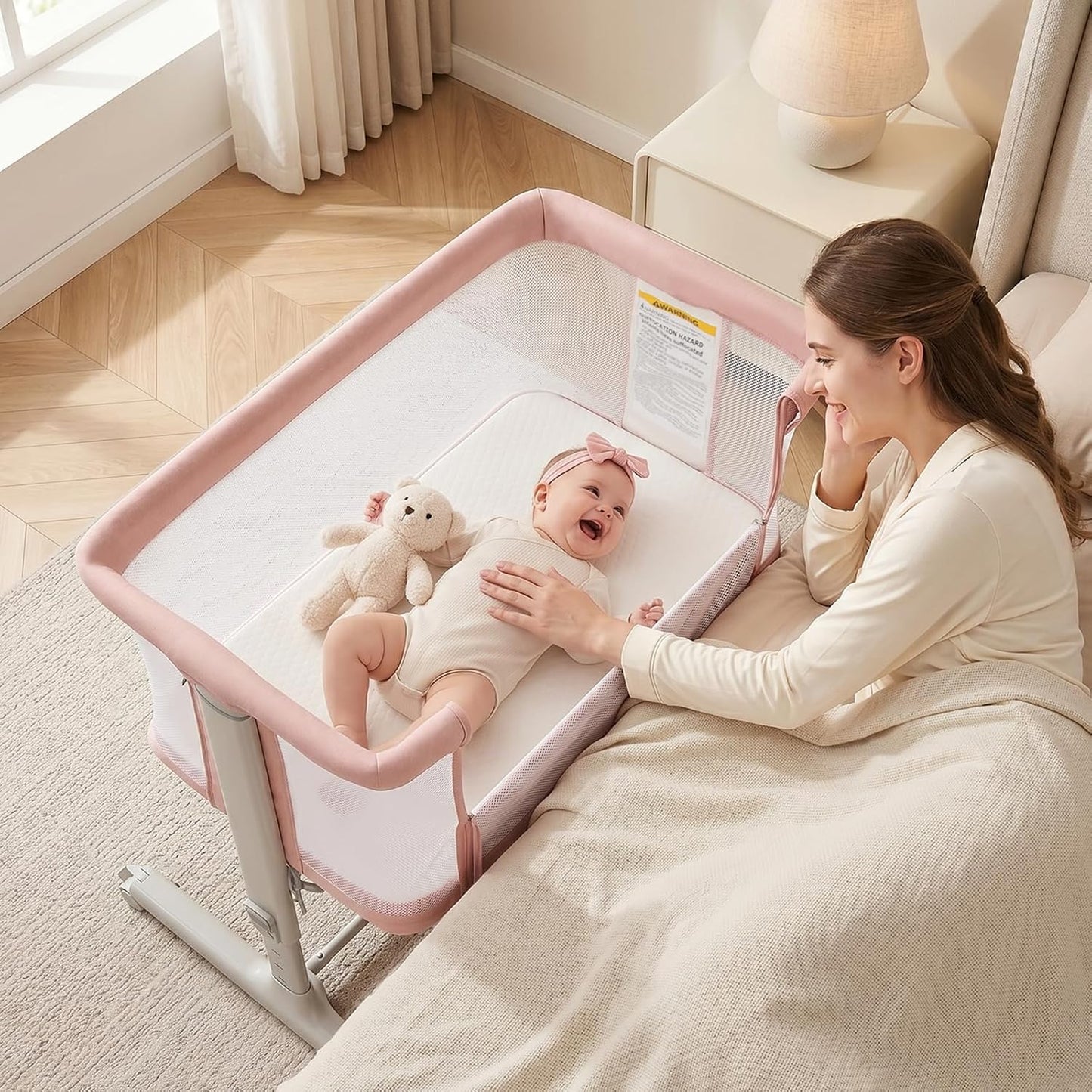 INFANS 3 in 1 Baby Bassinet, Bedside Sleeper for Newborn, Folding Crib with Mattress, Travel Bag, Wheels, 4-Sided Mesh, Easy to Assemble Cradle Co Sleeper Stationary, Rock (Dark Grey)