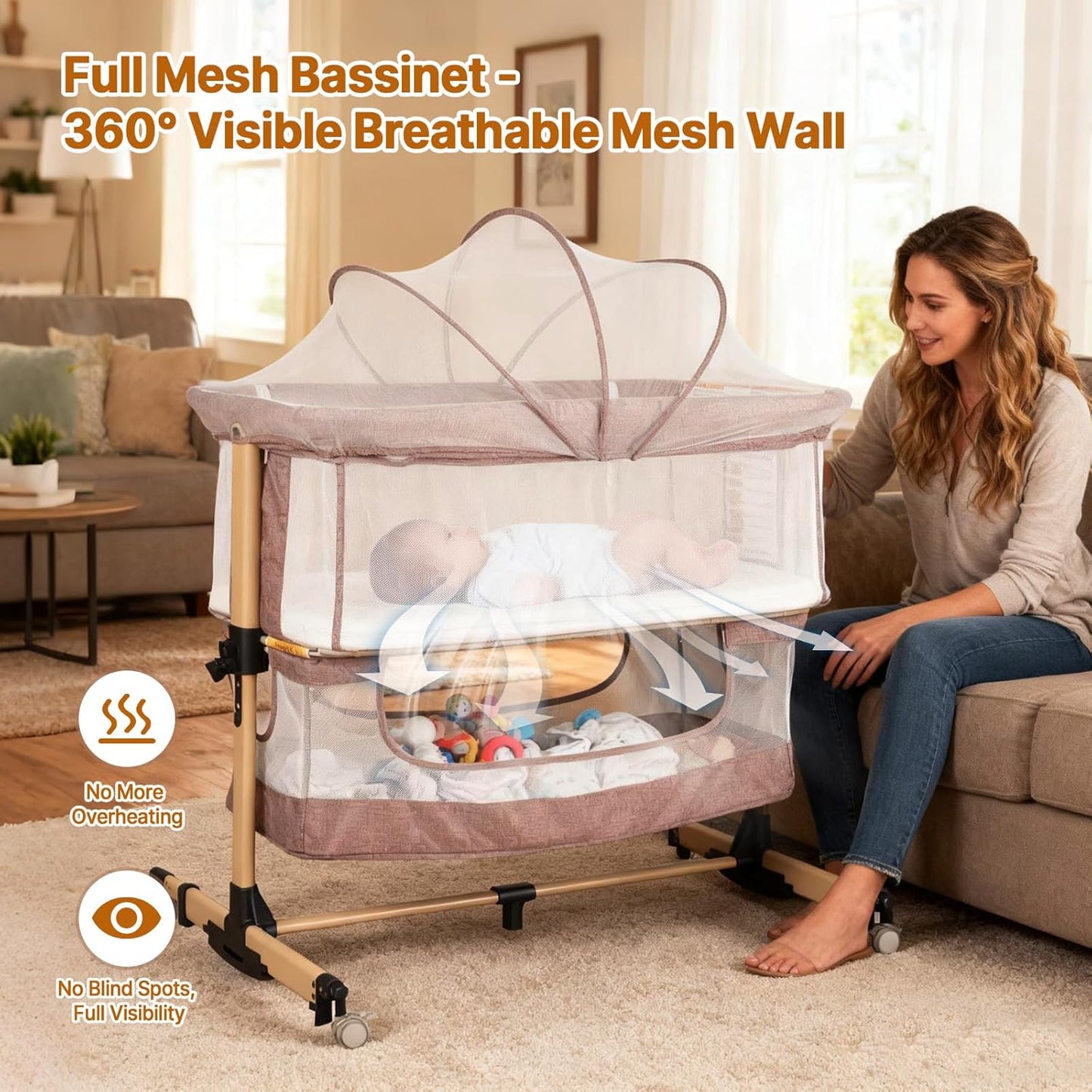Baby Bassinet Bedside Sleeper, 3-in-1 Bedside Bassinet, 5 Height Adjustable Rocking Baby Crib, Breathable Full Mesh, Mosquito Net, Storage Basket, Stable and Secure Bassinets for Newborn (Pink)