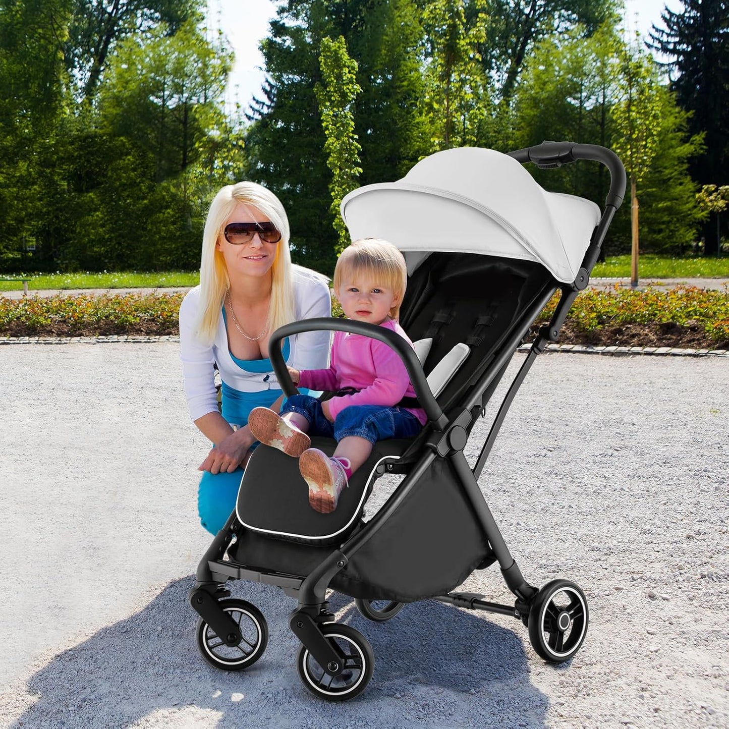 HONEY JOY Lightweight Baby Stroller, Compact Travel Stroller for Airplane, Fits Airplane Cabin & Overhead, One-Hand Gravity Fold, Self-Standing Toddler Stroller w/Adjustable Backrest/Canopy(Pink)