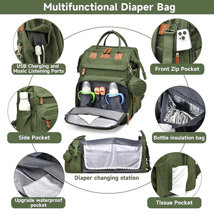 Baby Diaper Bags with Changing Station Multifunctional Waterproof Diaper Bag Backpack Travel Baby Bag with Changing Pad, Pacifier Case,Baby Essentials(Army Green)