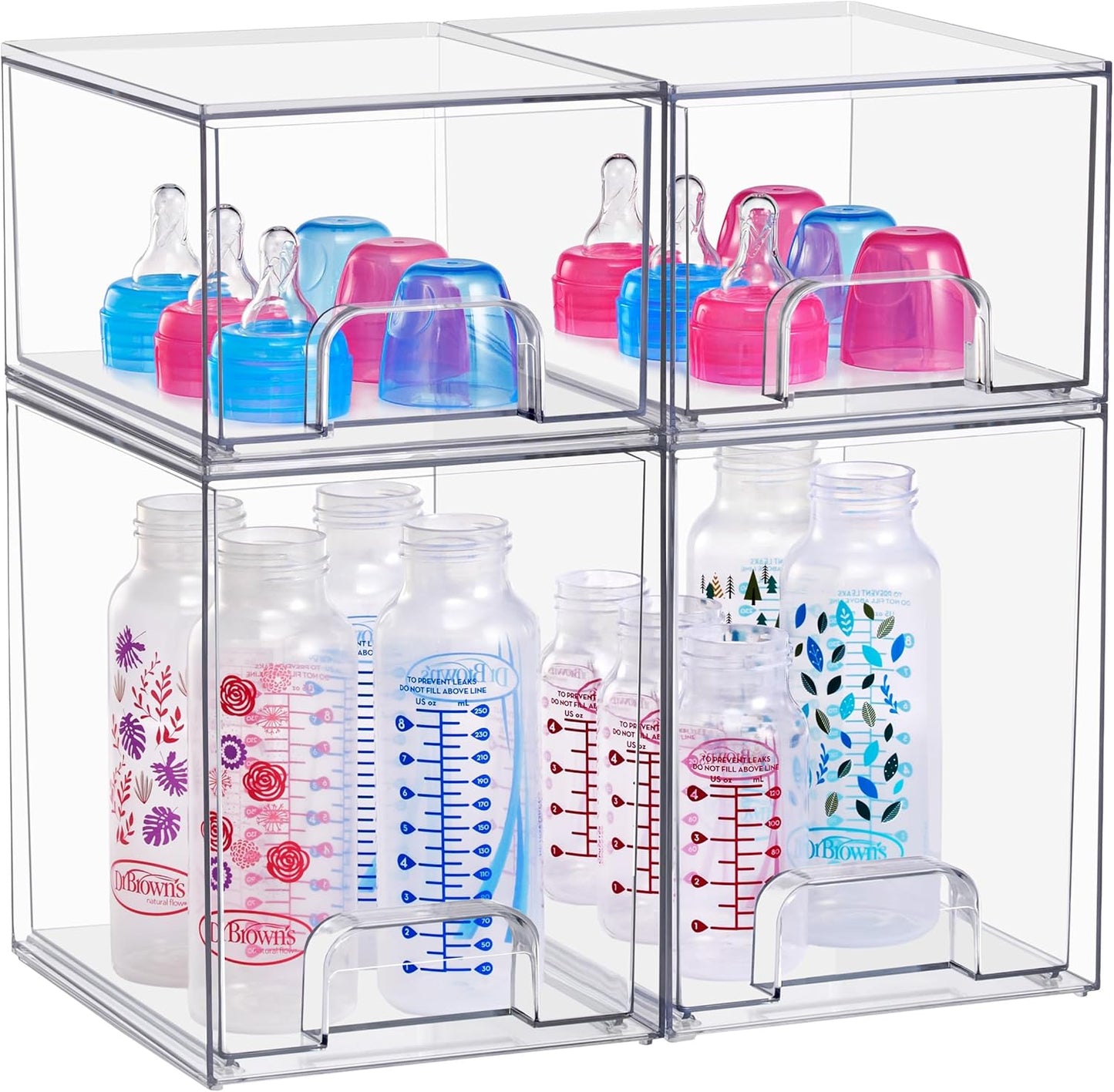Sorbus Stackable Acrylic Storage Drawers – 2 Small + 2 Tall + 1 Wide – 5 Pack Clear Plastic Organizer Bins for Baby Bottles, Makeup, Bathroom & Vanity, Pull-Out Drawer Design for Kitchen Cabinets