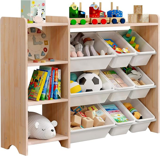 MallBest 4-Tier Kids' Toy Storage Organizer Shelf - 100% Solid Wood,Children's Storage Cabinet with 9 Plastic Bins and and 3 Storage Ports (Varnish-Single Color)