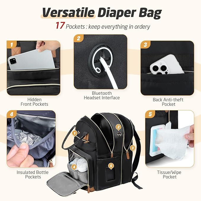 Diaper Bag Backpack - Extra Large Diaper Backpack for 2 Kids Twin, Travel Baby Bags for Mom Dad 25-37L Expandable with Changing Pad, Quilted Pure Black