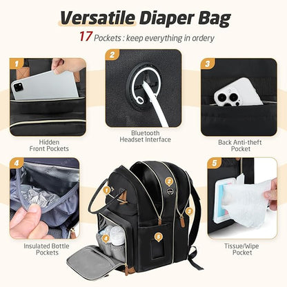 Diaper Bag Backpack - Extra Large Diaper Backpack for 2 Kids Twin, Travel Baby Bags for Mom Dad 25-37L Expandable with Changing Pad, Quilted Pure Black