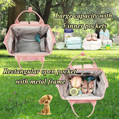 Diaper Bag Backpack for Dad and Mom with USB Charging Port Stroller Straps and Insulated Pocket,army military Travel Nappy Backpack for Daddy/Mommy (Pink)