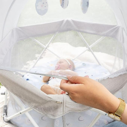 My Play Baby Portable Infant Bassinet, Indoor Outdoor UPF 50+ Canopy, Mesh Sides, 29x14 Inches, Foldable Travel Playard with Toys, Padded Base, Newborn to 15 Pounds