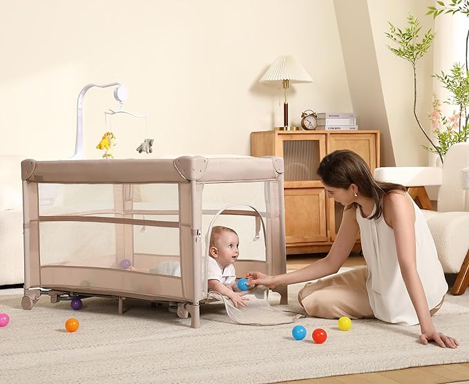 Pack and Play, 4 in 1 Baby Playard – Portable Crib, Bassinet, Bedside Sleeper, Changing Table & Playpen | Breathable Mesh | Safe & Foldable for Newborns to Toddlers (Beige)