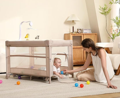 Pack and Play, 4 in 1 Baby Playard – Portable Crib, Bassinet, Bedside Sleeper, Changing Table & Playpen | Breathable Mesh | Safe & Foldable for Newborns to Toddlers (Beige)