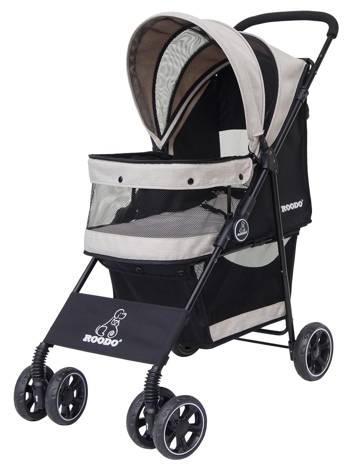 ROODO 4 Wheel Dog Cat Pet Stroller Best Lightweight Foldable Compact Portable Jogger All Terrain Travel Pet Gear Puppy Doggie Bunny Kitty Stroller for up to 30lbs Medium Small Dogs Cats(Light Khaki)