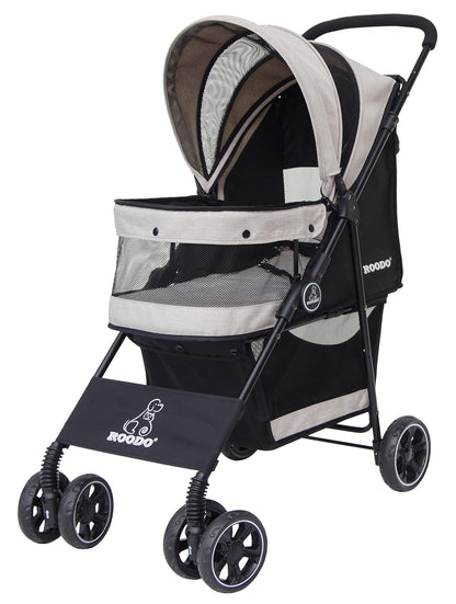 ROODO 4 Wheel Dog Cat Pet Stroller Best Lightweight Foldable Compact Portable Jogger All Terrain Travel Pet Gear Puppy Doggie Bunny Kitty Stroller for up to 30lbs Medium Small Dogs Cats(Light Khaki)