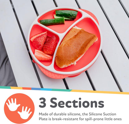 Nuby Silicone Round Suction Plate with Lid - Dishwasher-Safe Baby and Toddler Plate - 6+ Months - Aqua and Coral - Back to School Essentials