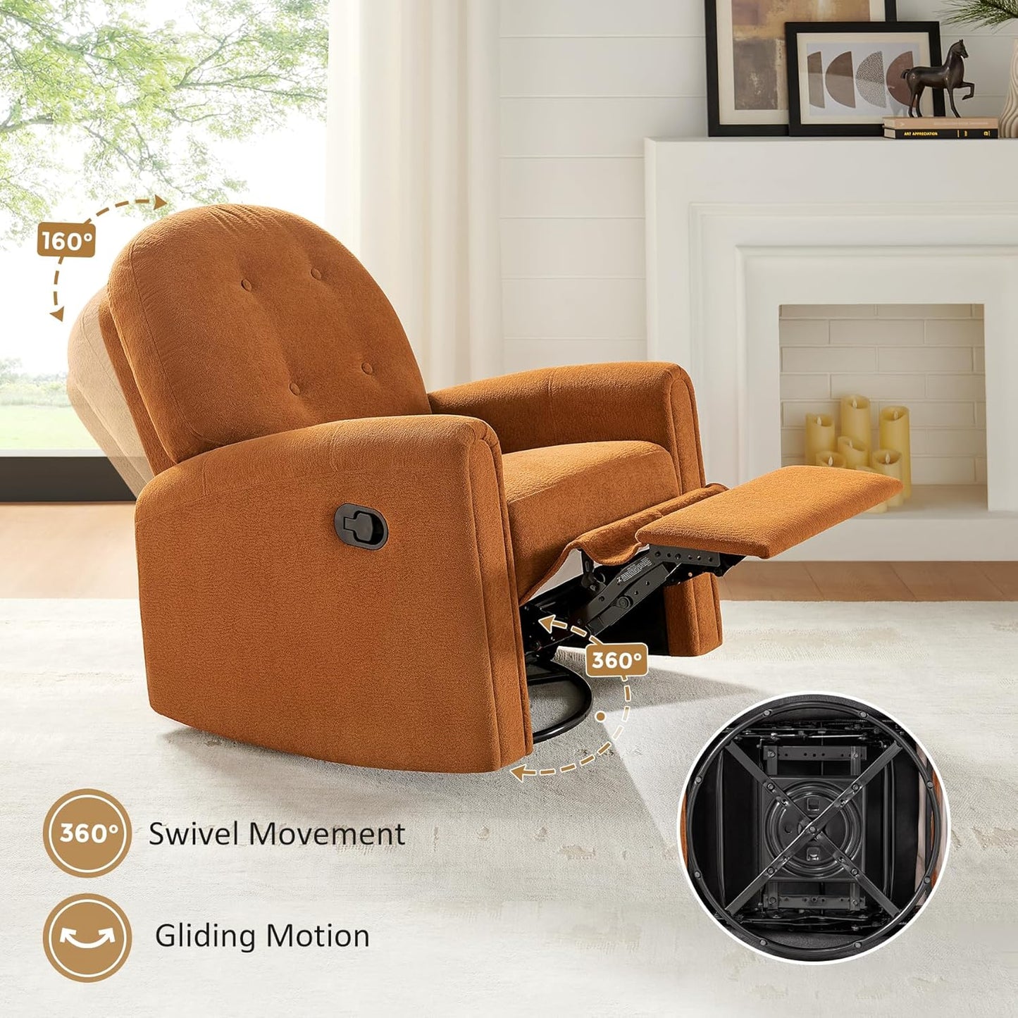 VANOMi 360 Swivel Rocker Recliner Chair, Nursery Rocking Chair with Tufted Backrest, Manual Recliner Chairs for Small Spaces, Upholstered Glider Nursing Chair for Living Room, Bedroom (White)