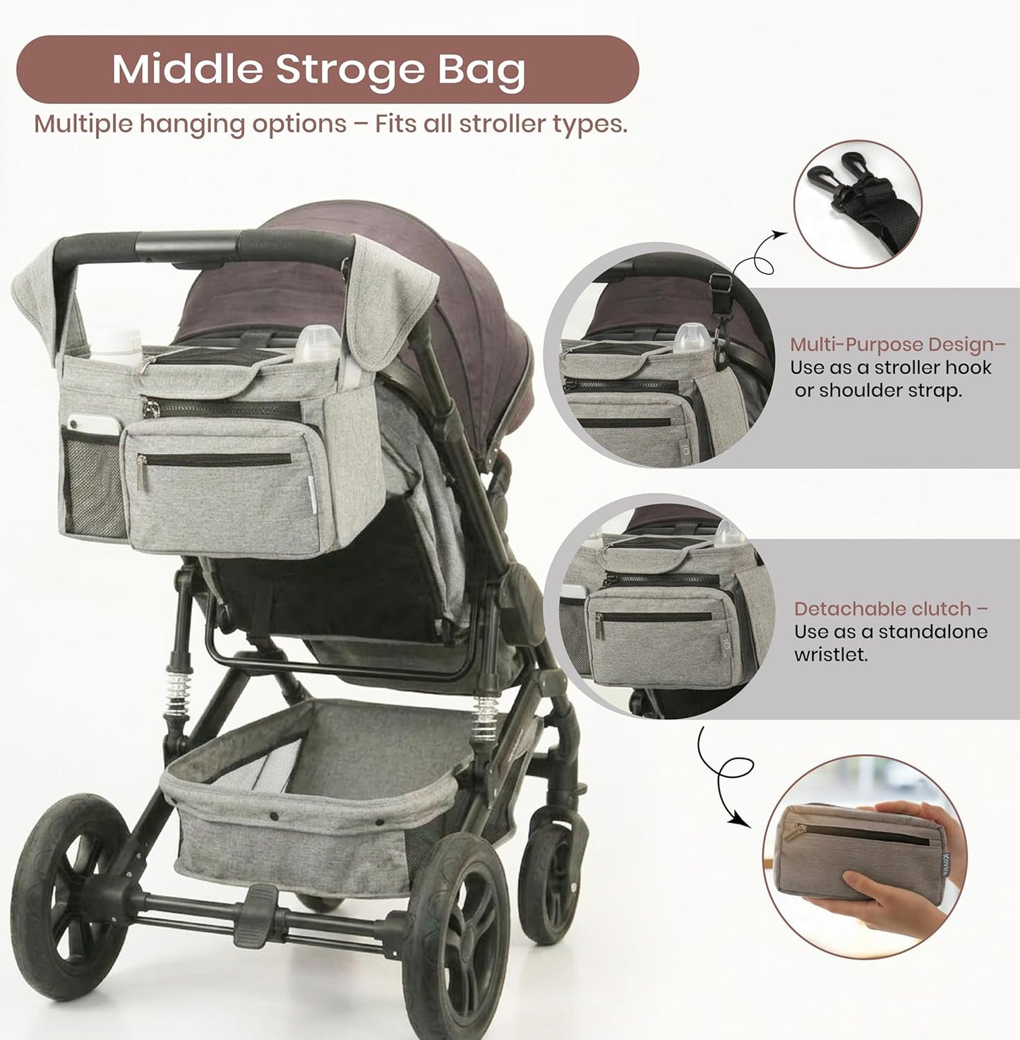 Black Universal Stroller Organizer with 2 Insulated Cup Holders, 3-in-1 Stroller Caddy with Detachable Phone Bag & Non-Slip Shoulder Strap, Fits Uppababy, Nuna, Doona, Baby Essentials