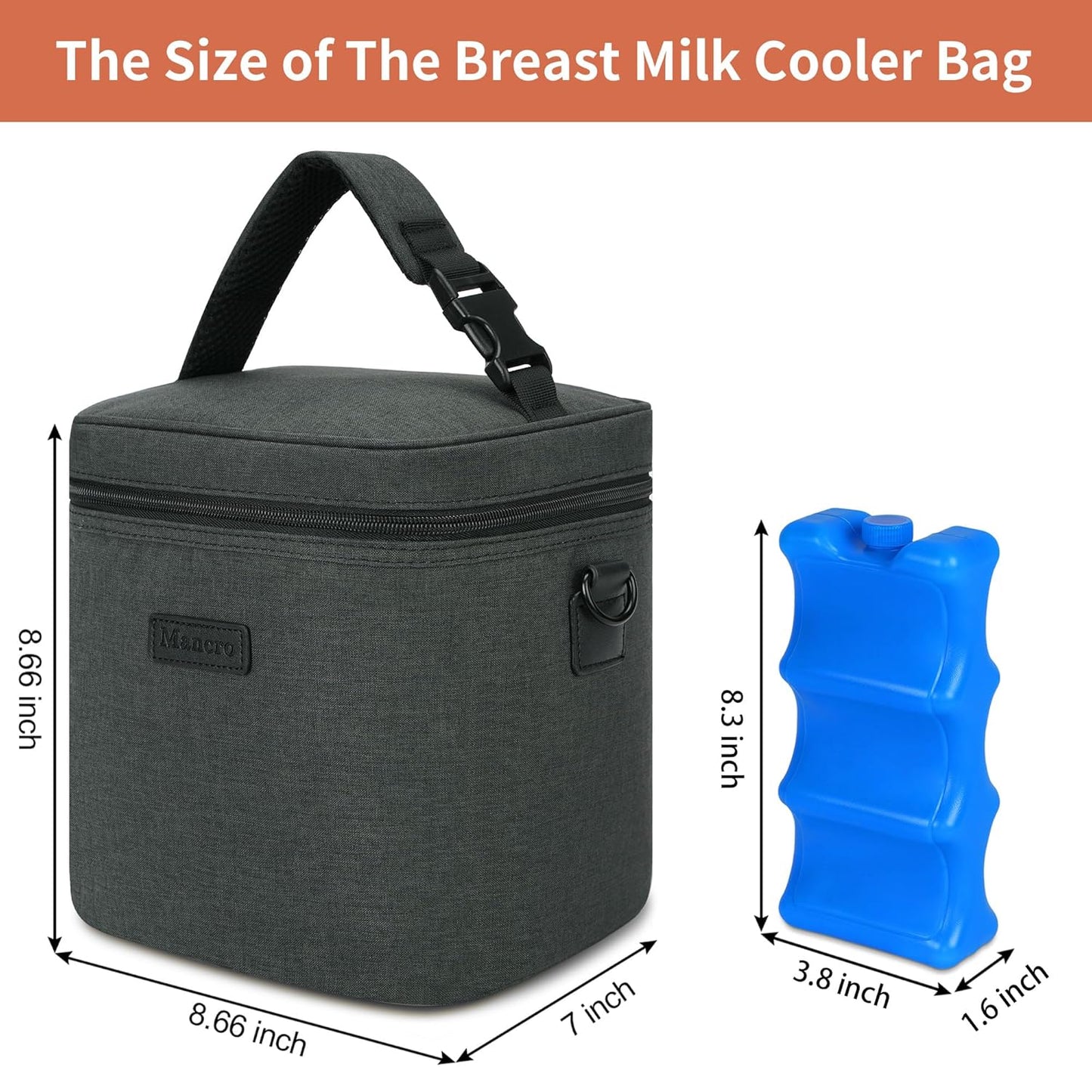 Mancro Breastmilk Cooler Bag with Ice Pack, Fits 6 Baby Bottles Up to 9 Ounce Insulated Baby Bottle Bag, Breast Milk Cooler on The go with Strap, Bottle Storage Bag for Nursing Mom Daycare, Black