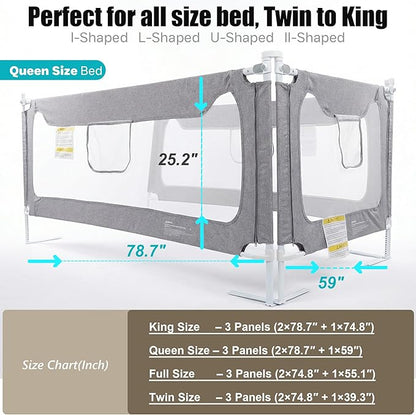 Queen Size Baby Bed Rail Guard – Extra Tall Safety Bedside Rail with Headboard Rod for Toddlers, Adjustable No-Gap Design, 3 Panels (2×78.7″ + 1×59″), Gray