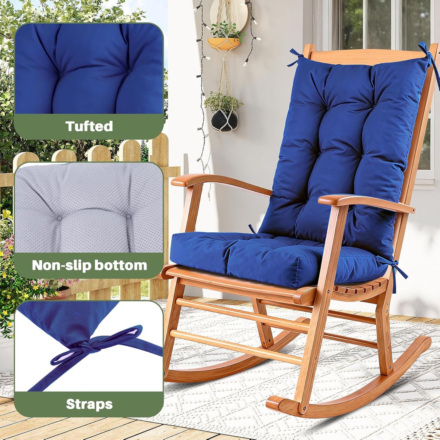Rocking Chair Cushion with Ties Non-Slip Outdoor Rocking Chair Cushion Set Waterproof Fade-Resistant Porch Garden Patio Glider Rocker Cushions