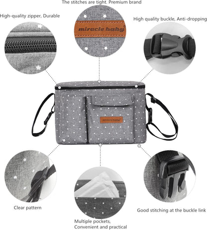 Miracle Baby Stroller Organizer Bag for Mom,Universal Stroller Storage Caddy Diaper Bag- Compatible with Most Stroller - Multifunctional Larg(Grey Star)