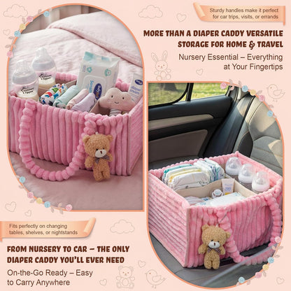 Flannel Baby Diaper Caddy Organizer with Teddy Bear, Baby Shower Gift Basket with Handle, Portable Nursery Storage Basket Bin for Diapers, Wipes, Newborn Essentials (White)