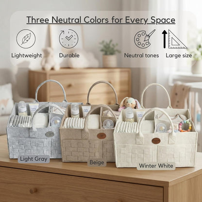 Baby Diaper Caddy Organizer for Nursery – Large Felt Storage Basket for Baby Essentials, Wipes & Diapers – Portable Nursery Organizer Bin for Changing Table or Living Room Light Grey