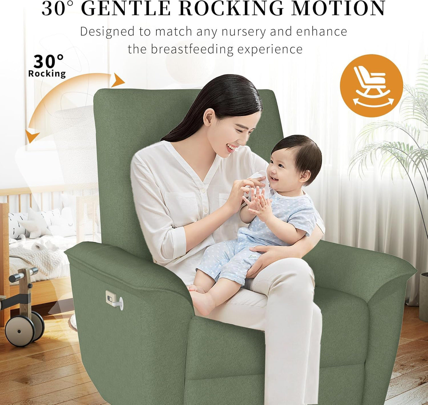Power Swivel Rocker Recliner Chair for Nursery, Upholstered Glider Rocking Chair with Phone Holder,USB Ports, Small Recliners for Small Spaces Living Room, Bedroom