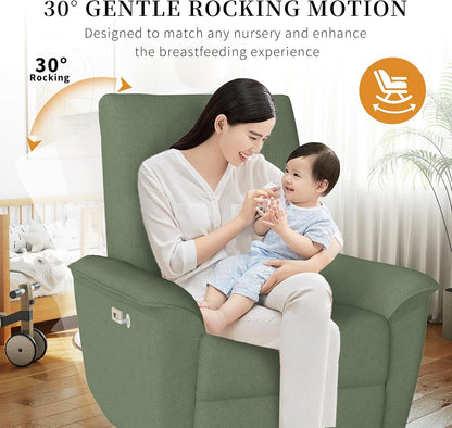 Power Swivel Rocker Recliner Chair for Nursery, Upholstered Glider Rocking Chair with Phone Holder,USB Ports, Small Recliners for Small Spaces Living Room, Bedroom