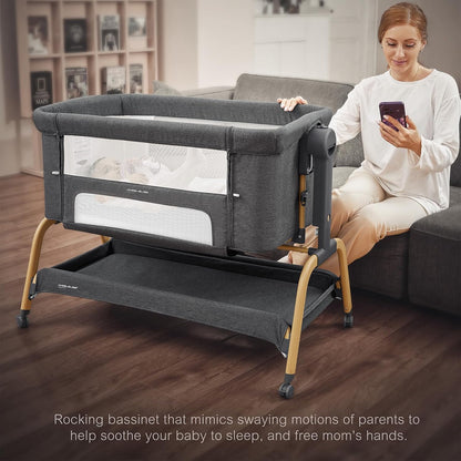ANGELBLISS 3 in 1 Baby Bassinet, Rocking Bassinets Bedside Sleeper with Comfy Mattress and Wheels, 6 Height Adjustable Easy Folding Portable Bedside Crib for Newborn Infant (Khaki)
